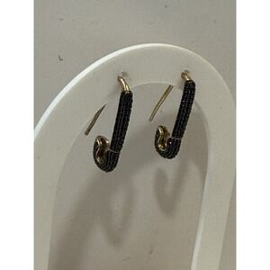 WR Sterling Silver 925 & 18k Yellow Gold Earrings Safety Pin Black Onyx Signed